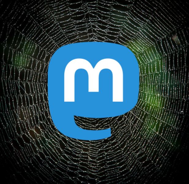 Mastodon logo superimposed on a spider web
