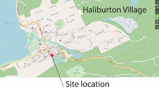 Map showing Haliburton village, Ontario, and the location of Lucas House, where the natural native plant garden was created.